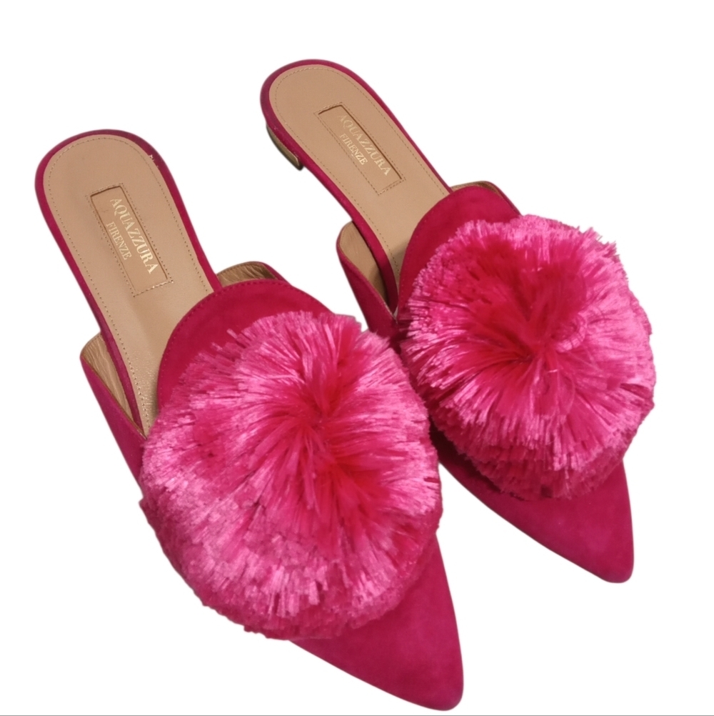 Aquazzura Fuchsia Pink Pointed Toe Pom Pom Mule Slide Luxury Designer Shoes 36.5